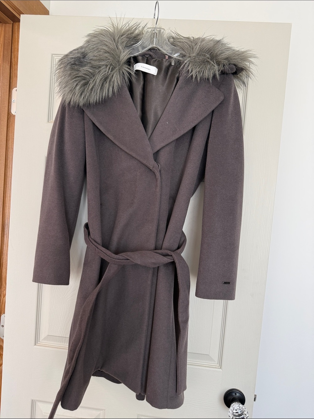 Tahari Gray Belted Trench Coat with Faux-Fur Collar